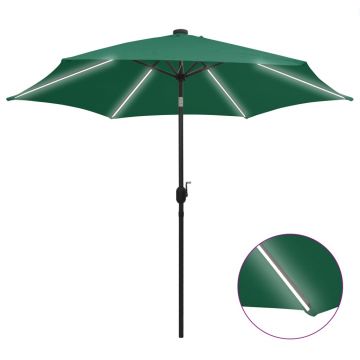 vidaXL Umbrelă de soare, LED-uri și stâlp aluminiu, verde, 300 cm