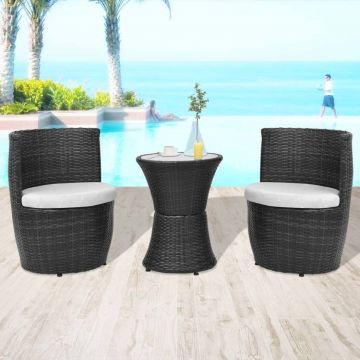 vidaXL Set mobilier bistro cu perne, 3 piese, negru, poliratan