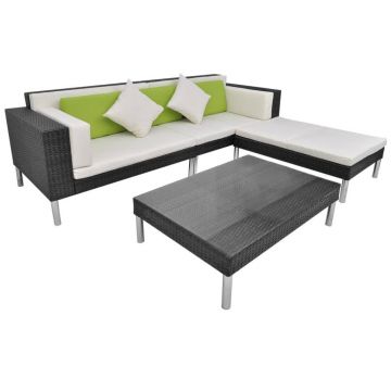 vidaXL Set mobilier de grădină cu perne, 4 piese, negru, poliratan