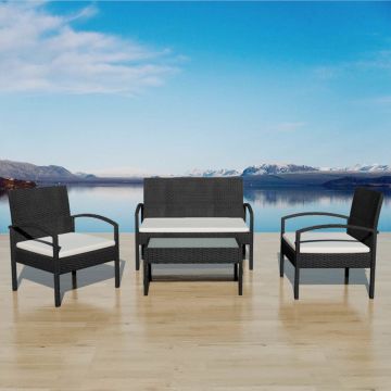 vidaXL Set mobilier de grădină cu perne, 4 piese, negru, poliratan