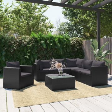 vidaXL Set mobilier de grădină cu perne, 7 piese, negru, poliratan