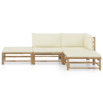 vidaXL Set mobilier de grădină cu perne alb crem, 4 piese, bambus