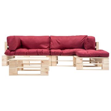 vidaXL Set mobilier de grădină paleți cu perne roșii, 4 piese, lemn