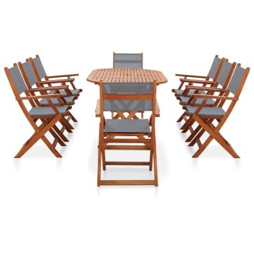 vidaXL Set mobilier exterior 9 piese gri lemn masiv eucalipt/textilenă
