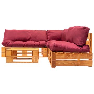 vidaXL Set mobilier grădină din paleți cu perne roșii, 4 piese, lemn