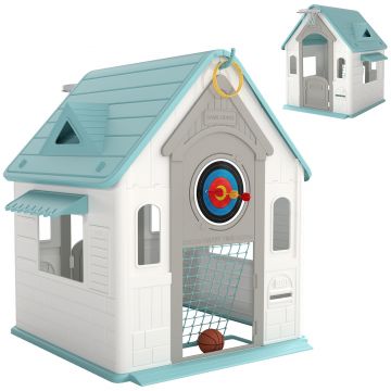 AIYAPLAY Căsuță de Joacă 5-în-1 pentru Copii, de Exterior și Interior, cu Coș de Baschet, Poartă de Fotbal, Tablă de Darts, Joc de Aruncare a Inelelor pentru Copii 2-5 Ani, Bej | Aosom Romania