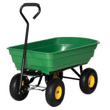 Cărucior de grădină 75L din oțel și PP cu cuvă rabatabilă și mâner de transport, 109x52x94 cm, de culoare verde închis Outsunny | Aosom Romania