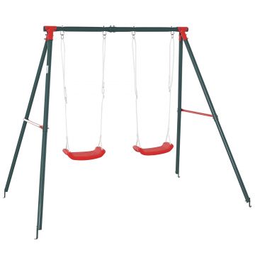 Outsunny Leagan Dublu pentru Copii +3 Ani cu Suport de Metal Joc Leagan Infantil Corzi Reglabile Exterior Greutate Max. 40kg 239x156x180 cm Verde Rosu | Aosom Romania