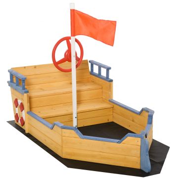 Outsunny  Nisipar din Lemn pentru Copii in Forma de Corabie de Pirati cu Compartiment de Depozitare, Joc de Gradina 158x78x45.5cm | Aosom Romania