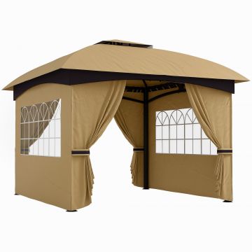 Outsunny Pavilion de Grădină cu Copertină, Perdele, Ferestre și Acoperiș Ventilat, 335x335x285 cm, Bej | Aosom Romania