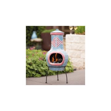 Semineu din lut Colima, Red Fire, rosu si albastru, 31 cm diam. x 71 cm H