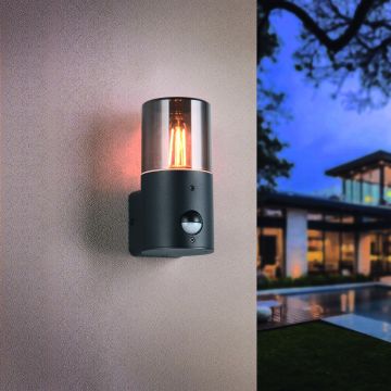Aplica de perete pentru exterior cu senzor Hoosic, TRIO, 8.5x11.8x17.5 cm, 28W, 1x E27, aluminiu, negru mat