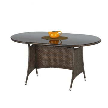 Masă Master, blat din sticlă securizată și structură din rattan sintetic, sticlă și rattan, 150x90x74 cm, maro/negru
