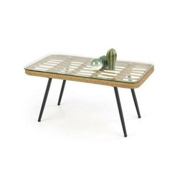 Măsuță cafea Gardena, design modern, rattan sintetic și sticlă, 90x50x40 cm, natur