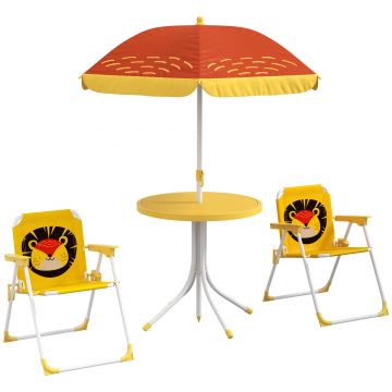 Outsunny Set mobilier de grădină pentru copii 4 piese motiv de leu cu umbrelă reglabilă Ø 100 cm scaun pliabil galben | Aosom Romania Outsunny Set mobilier de grădină pentru copii 4 piese motiv de leu cu umbrelă reglabilă Ø 100 cm scaun pliabil galben | Aosom Romania