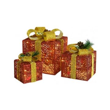 Cutii cadou de Craciun decor, 3 buc., rosu, exterior/interior