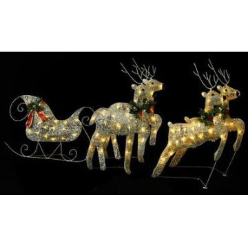 Decor de Craciun cu reni si sanie, 100 LED-uri, auriu, exterior