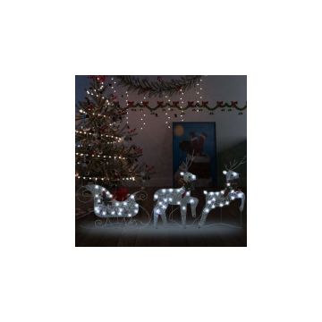 Decor de Craciun cu reni si sanie, 60 LED-uri argintiu exterior