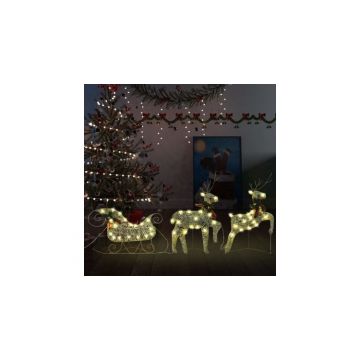 Decor de Craciun cu reni si sanie, 60 LED-uri, auriu, exterior