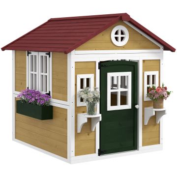 Outsunny Căsuță de exterior pentru copii, casă de joacă exterioară cu ușă, ferestre și jardiniere 114 x 126,4 x 135 cm bej | Aosom Romania