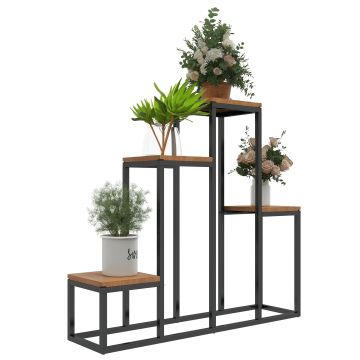 Outsunny Raft de plante, etajeră de flori din metal și lemn cu 4 nivele de înălțimi diferite în stil industrial 80 x 20 x 74 cm | Aosom Romania