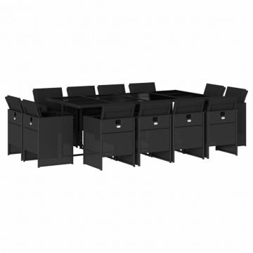 Set mobilier de gradina cu perne, 13 piese, negru, poliratan