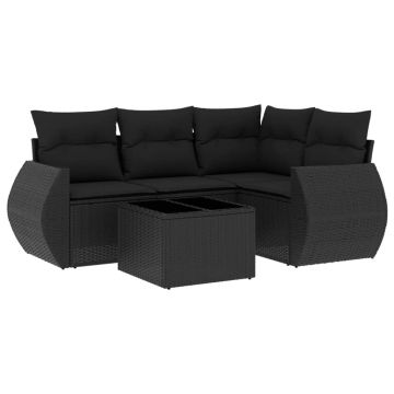 Set mobilier de gradina cu perne, 5 piese, negru, poliratan