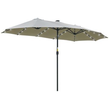 Umbrela dubla Outsunny cu panouri solare cu LED-uri 450 x 265 cm, umbrela cu manivelă, umbrela ovală pentru balcon și plajă, rezistentă la vânt, stabilă, umbrelă de piață cu manivelă pentru balcon, terasă, grădină, Gri deschis | Aosom Romania