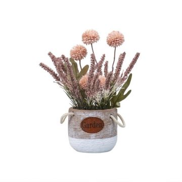 Aranjament Floral in Ghiveci, Ceramica, Crizantema si Lavanda, Inaltime 27 cm, Somon