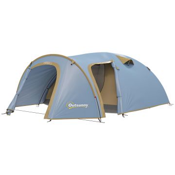 Outsunny Cort de camping pentru 4 persoane, cort tunel impermeabil cu 2 uși, cârlig, geantă de transport 3,45 x 2,4 x 1,3 m albastru deschis | Aosom Romania