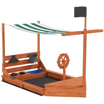 Outsunny Cutie de nisip cu copertină Corabie de pirați, incl. set de bucătărie pentru copii, lemn masiv, 180 x 103 x 144,5 cm, Verde | Aosom Romania
