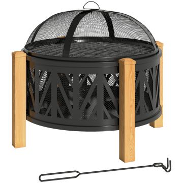 Outsunny Cuva pentru foc 2-in-1 Ø75 x 58 cm Vatră cu protecție la scântei Cârlig de întreținere Grătar Negru | Aosom Romania