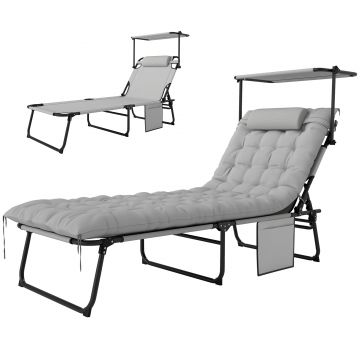 Outsunny Șezlong pliabil cu copertină și saltea, șezlong cu spătar reglabil în 4 poziții, gri deschis | Aosom Romania
