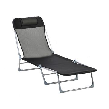 Outsunny Șezlong Pliabil cu Spătar Reglabil pe 5 Nivele și Pernă, Șezlong de Grădină cu Material Respirabil Textilen, pentru Plajă, Piscină, Grădină, 182x56x28 cm, Negru | Aosom Romania