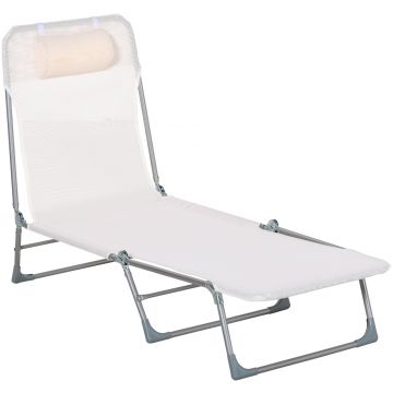 Outsunny Șezlong Pliabil cu Spătar Reglabil pe 5 Nivele și Pernă, Șezlong de Grădină cu Material Texteline, pentru Plajă, Piscină, Grădină, 182x56x28 cm, Crem | Aosom Romania