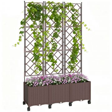 Outsunny Jardinieră Înălțată cu Grilaj 130L, Pat pentru Grădină Înălțat de Exterior cu Roți Blocabile, Sistem de Autoirigare, Găuri de Drenaj pentru Plante Cățărătoare, Legume, Flori, Maro | Aosom Romania