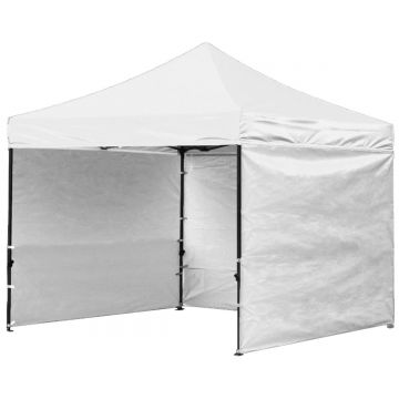 Cort tip pavilion cu 3 pereti laterali, structura solida otel si acoperis impermeabil PVC, 3x3 m cu inaltime reglabila, alb