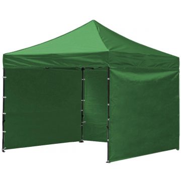 Cort tip pavilion cu 3 pereti laterali, structura solida otel si acoperis impermeabil PVC, 3x3 m cu inaltime reglabila, verde