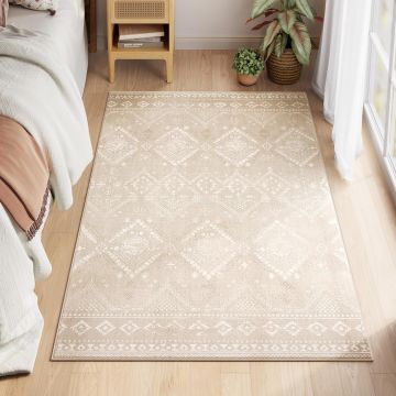 Covor decorativ antiderapant, stil boho, lavabil la masina, 80A-150 cm, bej cappuccino