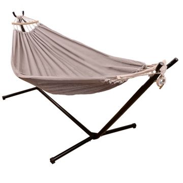 Hamac cu suport metalic, material textil 210x153 cm, cadru 247x133x104 cm, negru si gri