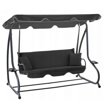 Leagan gradina 3 locuri cu baldachin reglabil, perne si suport pahare, 210x120x170 cm, gri inchis