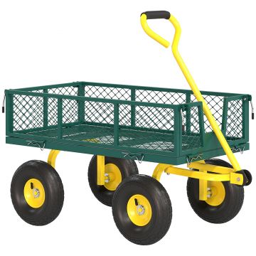 Outsunny Cărucior de Grădină Robust, Remorcă din Oțel cu Pereți Laterali Detașabili, Convertibil în Platformă, Roți de 25cm, Mâner Rotativ la 180°, Capacitate 200 kg, pentru Plajă, Peluză și Grădină, Verde | Aosom Romania