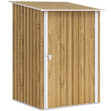 Outsunny Căsuță de Grădină 0.92m² din Oțel Galvanizat, Depozit pentru Unelte cu Ușă Blocabilă, Acoperiș Înclinat, 100x104x160 cm, Maro Deschis cu Aspect de Lemn | Aosom Romania