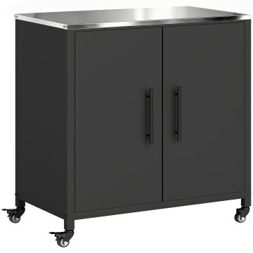 Outsunny Dulap de grădină din metal, dulap de depozitare exterior, blat din oțel inoxidabil și roți, Negru | Aosom Romania