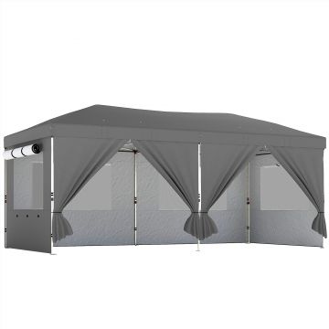 Outsunny Foișor Pliabil 3x6m Pop-Up cu 6 Pereți Laterali, Foișor de Grădină Reglabil pe Înălțime cu Saci de Nisip, Geantă cu Roți, UV50+ pentru Exterior, Gri Închis | Aosom Romania