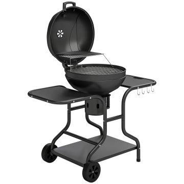 Outsunny Grătar pe cărbuni BBQ Smoker cu mese laterale, termometru în capac, roți 129 x 63,5 x 106,5 cm | Aosom Romania