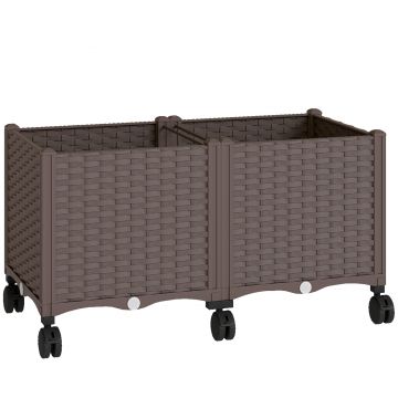 Outsunny Jardinieră Ridicată din Plastic, 85L, Spațiu pentru Grădinărit în Aer Liber cu Roți Blocate, Sistem de Autoirigare, Orificii de Drenaj, Ideală pentru Plante, Legume și Flori, Maro | Aosom Romania