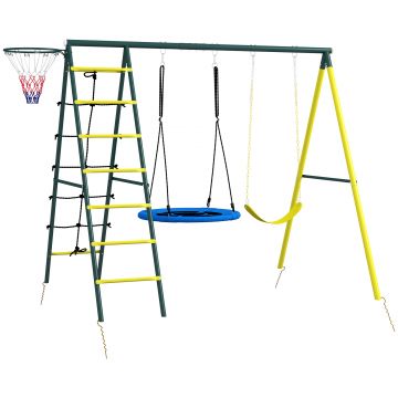 Outsunny Leagăn pentru copii 4 în 1 cu Leagăn tip Cuib și individual Plasă de cățărat Coș de baschet Scară Galben | Aosom Romania