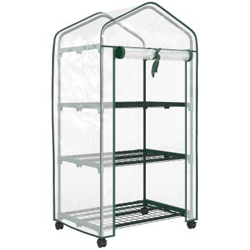 Outsunny Mini seră de grădină cu 3 rafturi, prelată PVC de înaltă densitate, ușă rulabilă 4 roți 69 x 49 x 130 cm transparent | Aosom Romania