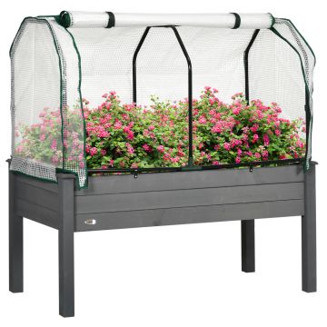 Outsunny Pat de Grădină Înălțat cu Acoperiș din PE, Jardinieră din Lemn pentru Exterior cu 4 Orificii de Drenaj, pentru Flori și Legume, pentru Grădină, Balcon, 121x55x117 cm, Gri Închis | Aosom Romania
